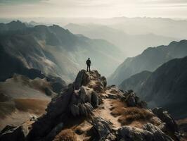 une scénique Montagne paysage avec une promeneur permanent sur une rocheux de pointe génératif ai photo