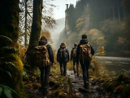 une groupe de diverse copains randonnée par une dense forêt génératif ai photo