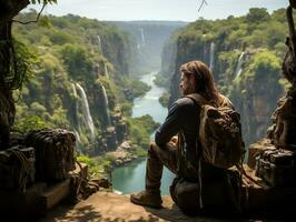 une voyageur séance à le bord de une Stupéfiant falaise, surplombant une vaste canyon dessous, avec une serein cascade en cascade dans une clair comme de l'eau de roche bassin génératif ai photo