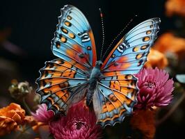 macro insecte la photographie capturer le délicat beauté de une coloré papillon perché sur une épanouissement fleur génératif ai photo