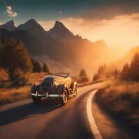 ai génératif magnifique le coucher du soleil scène avec ancien voiture conduite sur vide scénique route creux la nature et montagnes photo