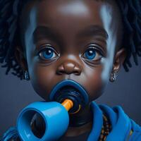 ai génératif portrait de adorable noir bébé poupée avec bleu yeux enveloppé dans sarcelle et Orange couverture photo