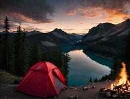 ai génératif camping scène avec tente dans région sauvage et feu de camp à lever du soleil, nuit photo