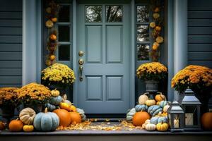 de face porte avec tomber décor, citrouilles et sur le thème de l'automne décorations photo