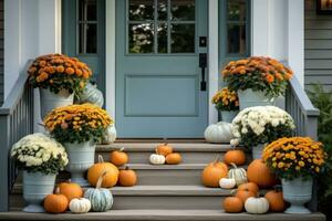 de face porte avec tomber décor, citrouilles et l'automne à thème décorations photo