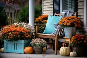 de face porte avec tomber décor, citrouilles et l'automne à thème décorations photo