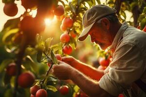 une homme apporter pommes sur un Pomme arbre à lever du soleil photo