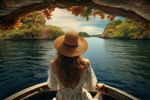 une femme dans une chapeau équitation sur une bateau autour certains luxuriant tropical îles photo