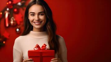 magnifique fille permanent sur une rouge Contexte avec une cadeau dans le mains photo