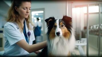 une vétérinaire dans une clinique à la recherche à une chien photo