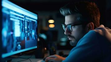 programmeur à la recherche à moniteur avec intelligent yeux photo