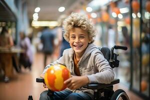 souriant garçon dans fauteuil roulant. génératif ai photo