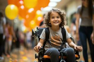 souriant garçon dans fauteuil roulant. génératif ai photo