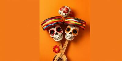 mexicain crâne maracas avec chapeau. génératif ai photo