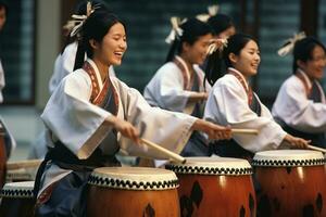 groupe de femmes en jouant tambours, traditionnel coréen festival. génératif ai photo