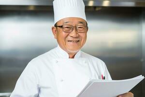 Sénior asiatique homme, professionnel chef à cuisine. génératif ai photo