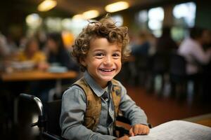 garçon dans fauteuil roulant en train d'étudier dans Salle de classe. génératif ai photo