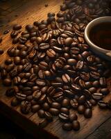 grains de café sur table en bois photo