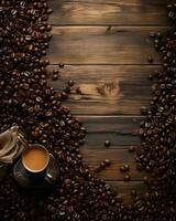 grains de café sur table en bois photo