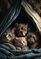 portrait de une groupe de mignonne chats et chiens, ai génératif photo