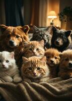 portrait de une groupe de mignonne chats et chiens, ai génératif photo