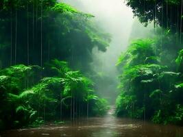 mousson pluie forêt avec podium Contexte ai génératif photo