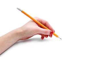 femme main tenant un crayon isolé sur fond blanc, gros plan, découpe, espace de copie photo