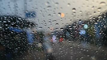 gouttes de pluie tomber sur le vitre avec le rue et lumières dans le Contexte photo