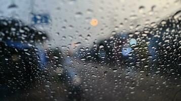 gouttes de pluie tomber sur le vitre avec le rue et lumières dans le Contexte photo