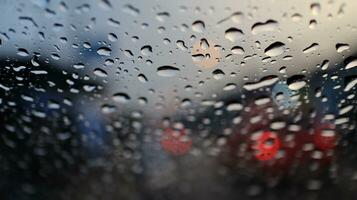 gouttes de pluie tomber sur le vitre avec le rue et lumières dans le Contexte photo