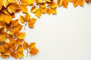 Haut vue de une Cadre fabriqué de d'or l'automne feuilles sur une blanc Contexte avec copie espace photo