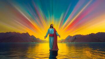 Jésus Christ en marchant sur l'eau à le mer. avec couleurs de arc-en-ciel. photo