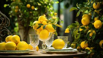 table réglages avec citrons et verdure dans le Extérieur à manger zone photo