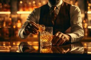 une barman verser un irlandais whisky, dans le style de bokeh photo