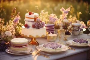 un assortiment de blanc et or desserts sont séance sur une table en plein air photo