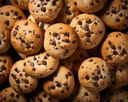 une pile de Chocolat puce biscuits sur une noir Contexte génératif ai photo