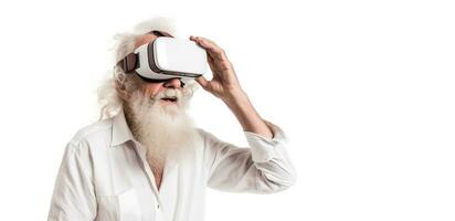 un vieux homme avec une longue blanc barbe portant une virtuel réalité casque photo