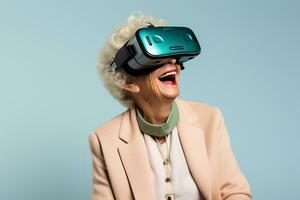 un plus âgée femme portant une virtuel réalité casque photo