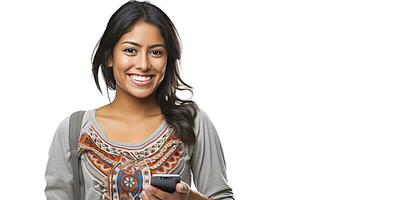 une femme en portant une cellule téléphone et souriant photo