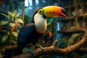 magnifique coloré tropical toucan de le forêt tropicale avec ses iconique Jaune Orange le bec séance bas. ai généré photo