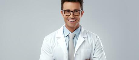 Masculin médecin avec une stéthoscope souriant à le caméra portant une blanc manteau et des lunettes posant sur une gris isolé Contexte photo