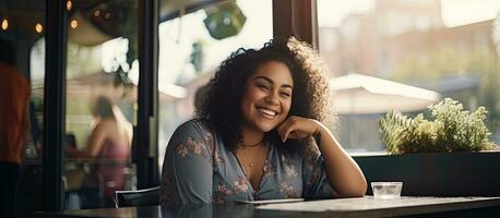 souriant plus Taille Latin femme attendre à l'extérieur restaurant bavardage sur téléphone restaurant concept copie espace photo
