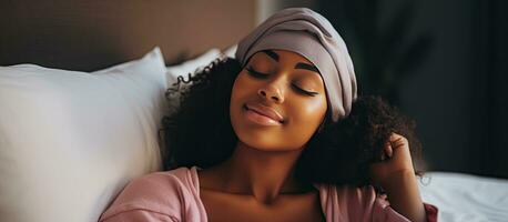 Jeune noir femme relaxant dans lit à Accueil après veille en haut content africain américain femelle repos dans chambre à la recherche à caméra photo