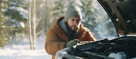 caucasien homme dans neigeux forêt avec cassé vers le bas voiture appel mécanicien vide route photo