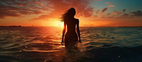 femme s figure sur plage à le coucher du soleil avec vide espace photo