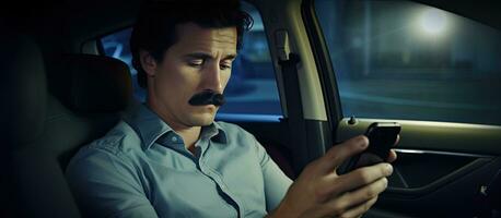 une Célibataire blanc homme avec moderne cheveux et moustaches les usages une téléphone intelligent dans une voiture pour envoyer des SMS et en ligne la communication photo