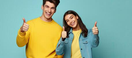 deux content personnes une homme et une femme dans décontractée bleu Vêtements pose et point avec une les pouces en haut contre une Jaune Contexte photo