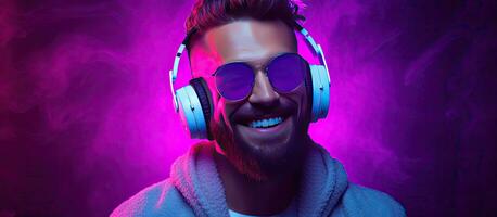 homme dansant et écoute à la musique avec écouteurs dj s bonheur et sourire branché mode de vie violet Contexte avec néon lumières pièce pour texte photo