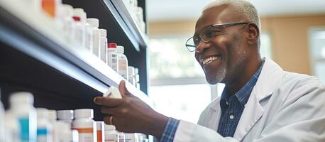 mature africain américain homme achat médicament de pharmacien dans diverse pharmacie photo