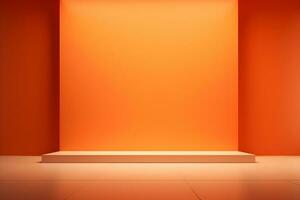 vide Orange mur pièce et projecteurs pour produit présentation, dans le style de minimaliste arrière-plan, moderne intérieur concept, ai produire photo